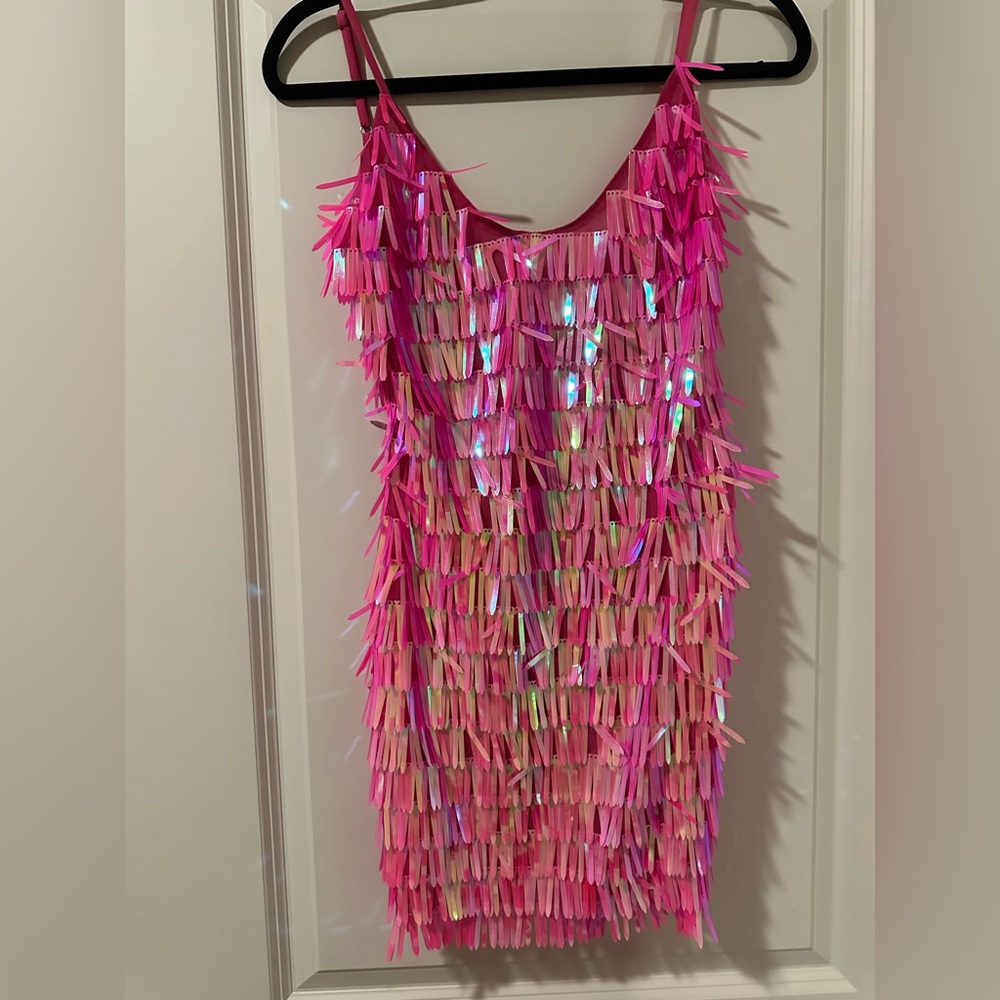 White Fox Pink Fringe Sequin Dress